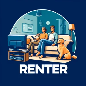 dall·e 2024 05 28 15.27.35 create an image for 'renters' in a stylistic semi realistic design. the scene should feature a couple (a man and a woman) sitting on a couch at home w